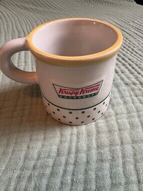 Krispy Kreme Doughnuts Ceramic Coffee Mug Yellow Rim Green Polka Dots